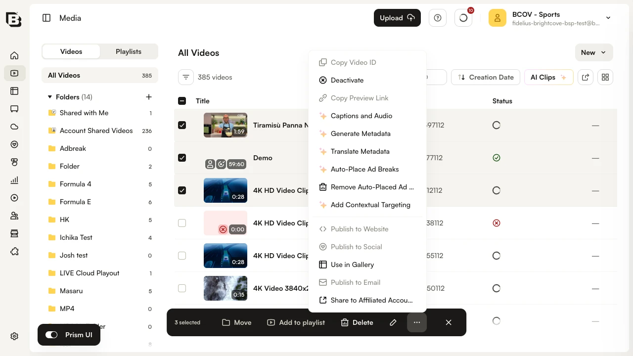 Media module with multiple videos selected and Captions and Audio menu option highlighted