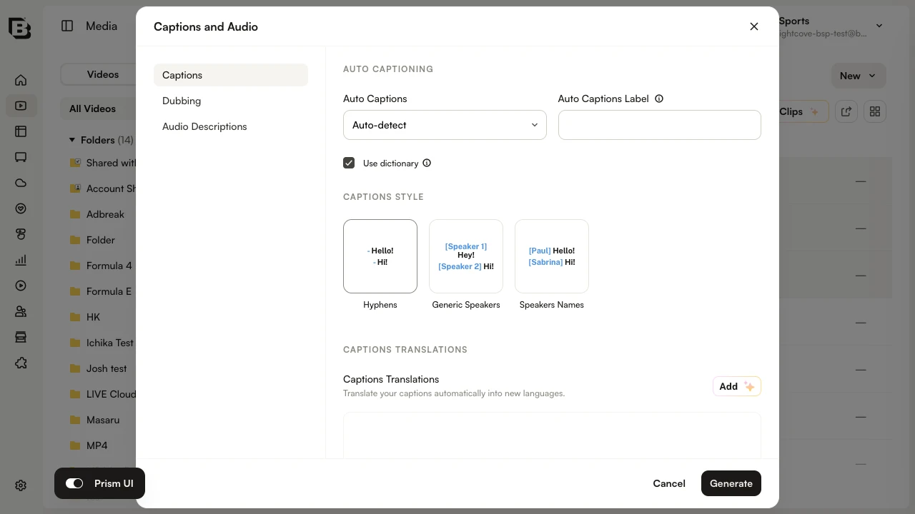 Bulk captions dialog showing speaker attribution style dropdown and language selection