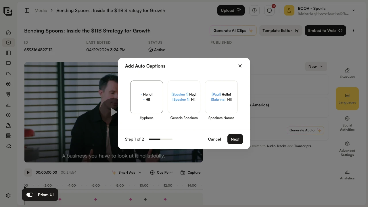 Video Details Languages section with speaker attribution style selector