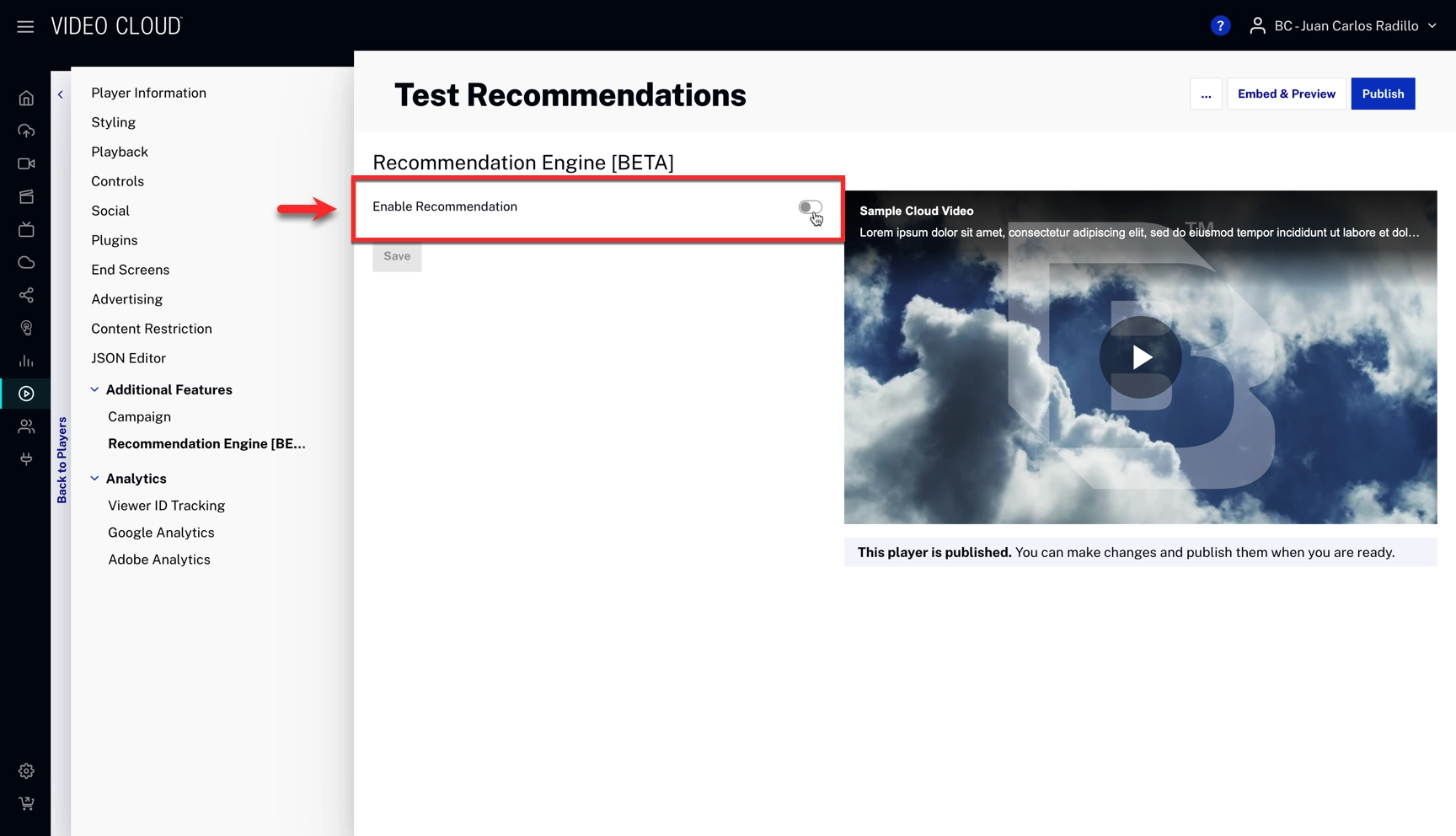 Enable Recommendation toggle