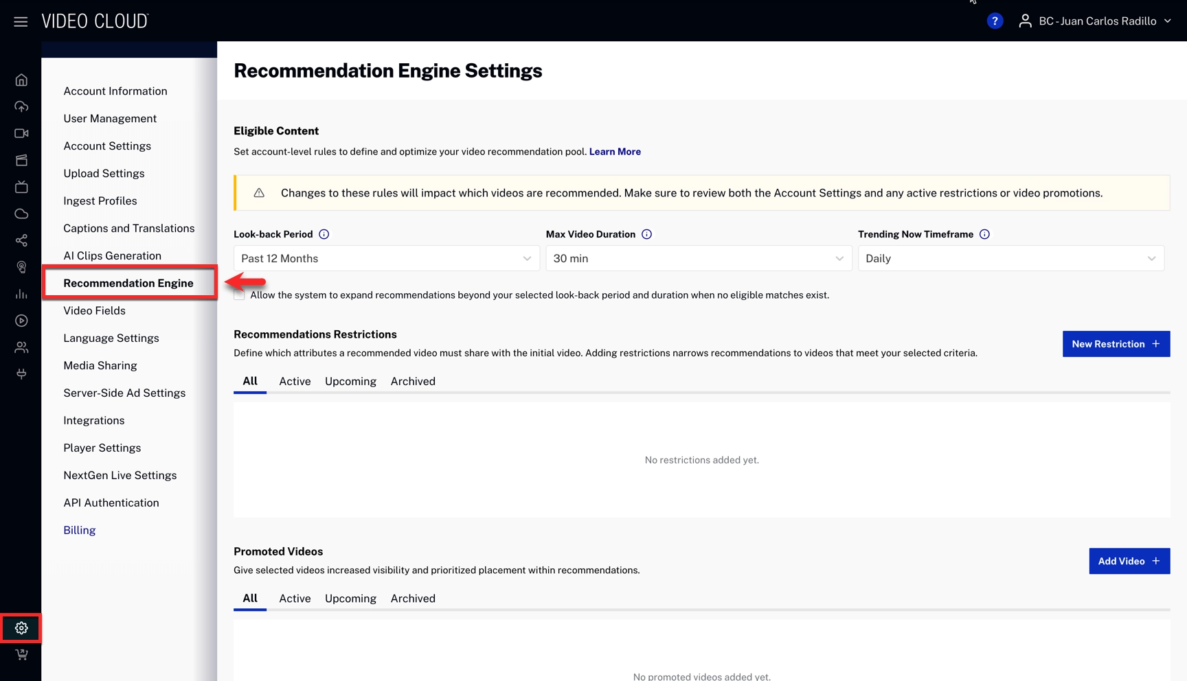 Recommendation Engine Settings nav item