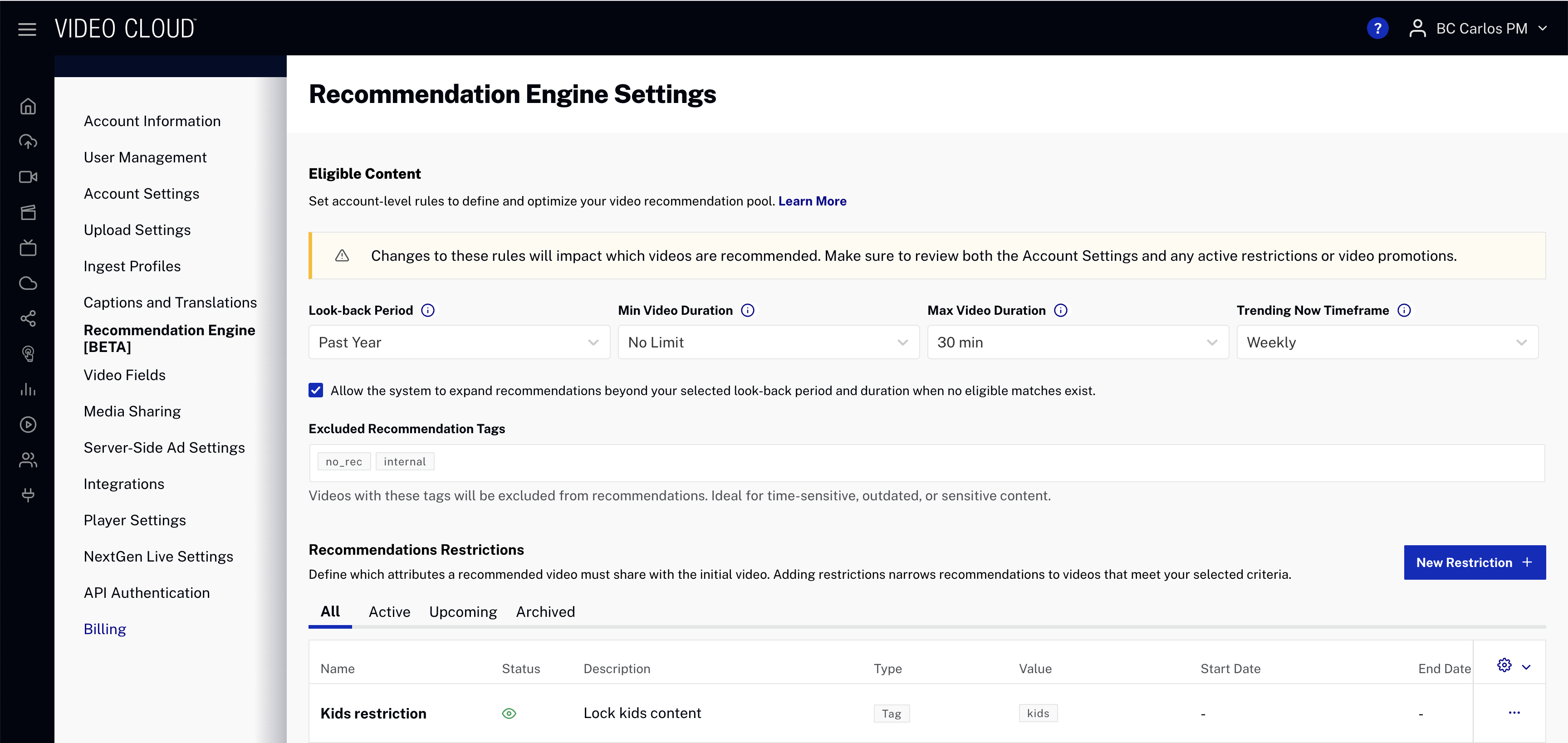 Recommendation Engine Settings - Eligible Content