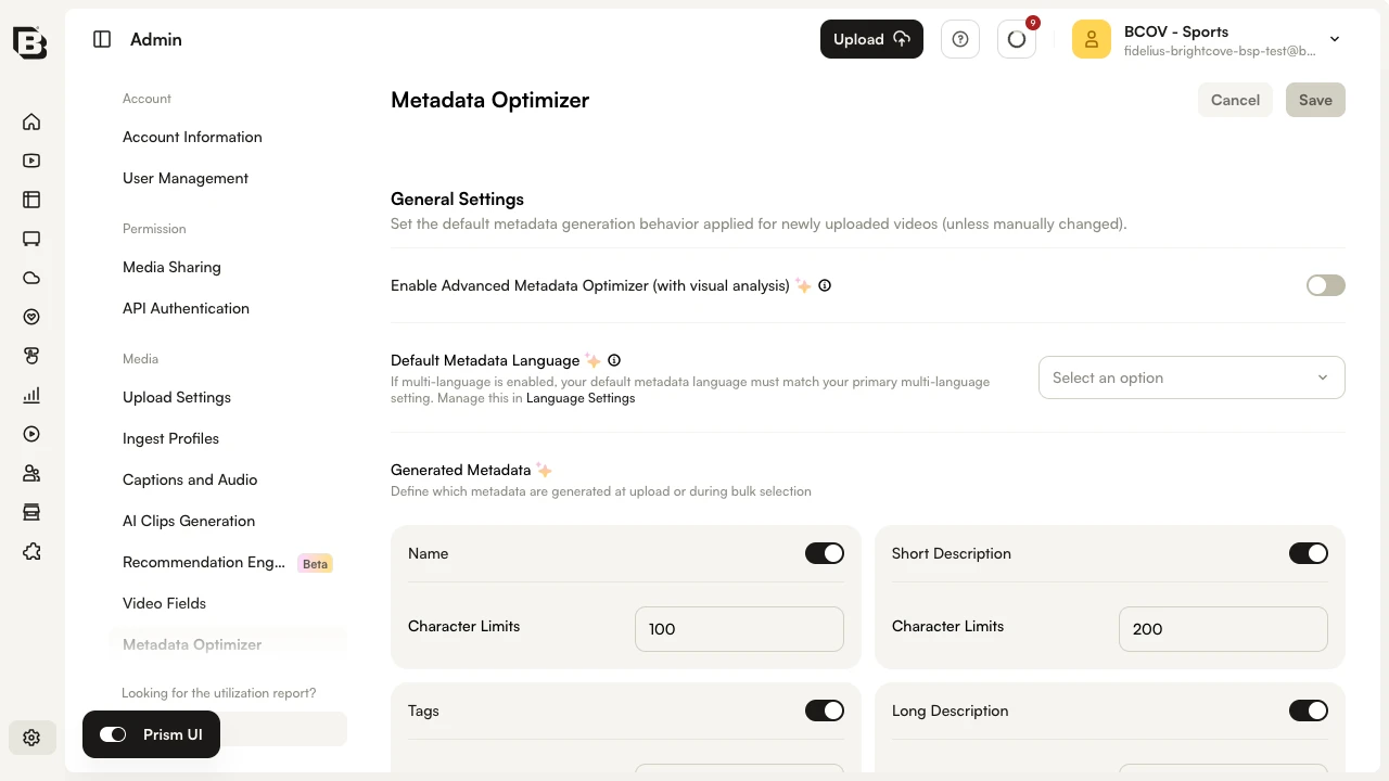 Admin module - Metadata Optimizer page