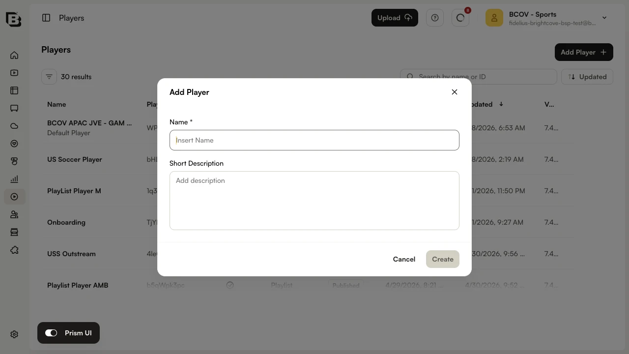 Add Player dialog with Name and Short Description fields and Cancel and Create buttons