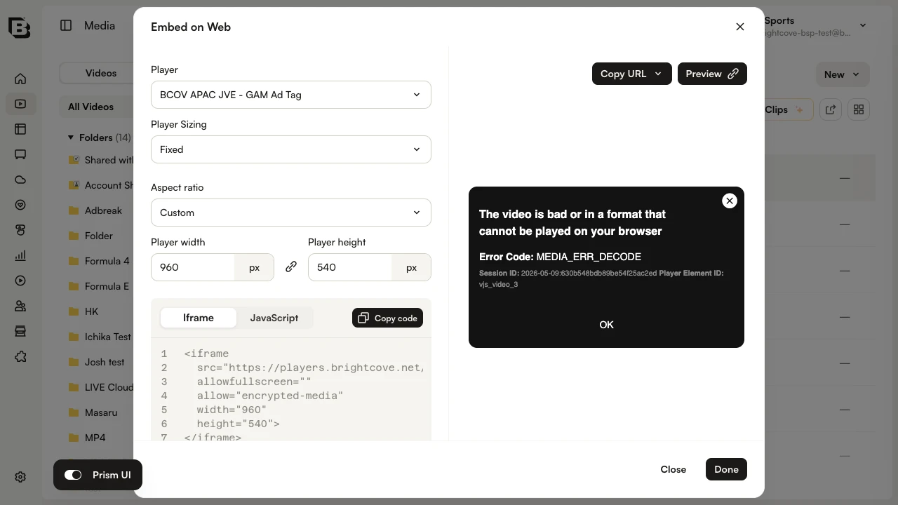 Embed on Web dialog showing the Player dropdown, Player Sizing, Aspect ratio, embed code tabs, and Copy URL and Preview buttons