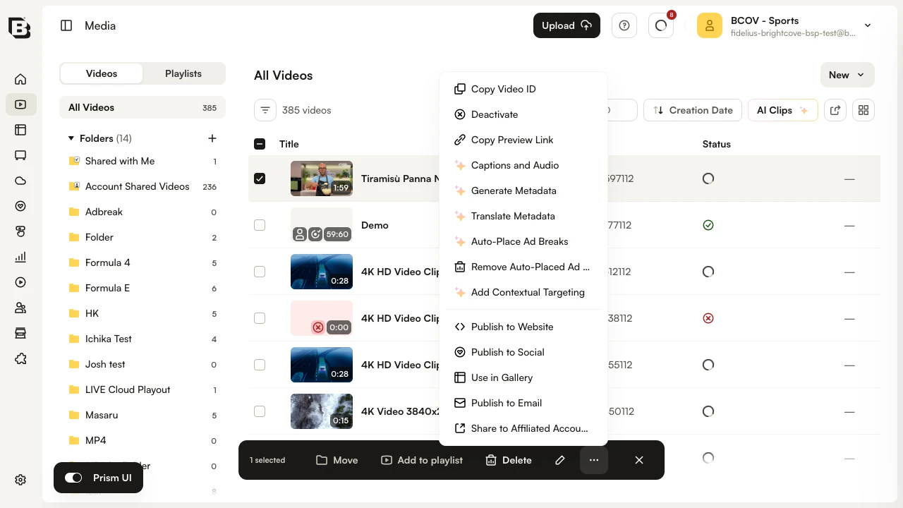 More actions menu showing Publish to Website, Publish to Social, Use in Gallery, Publish to Email and Share to Affiliated Accounts