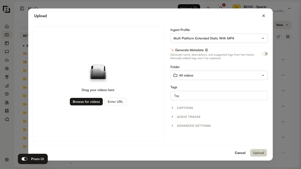 Upload panel showing Browse for videos and Enter URL options with the Ingest Profile selector