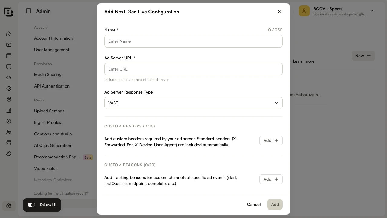 Add Next-Gen Live Configuration dialog