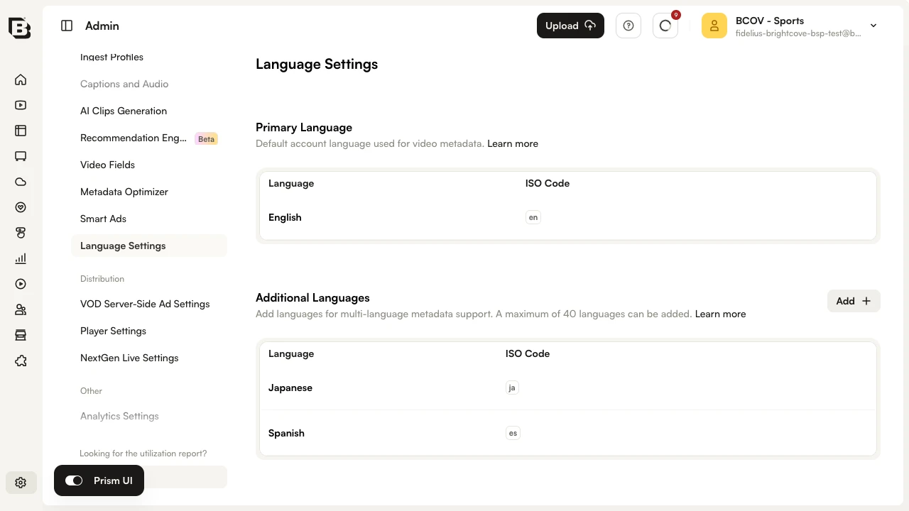 Admin module sidebar with Language Settings highlighted