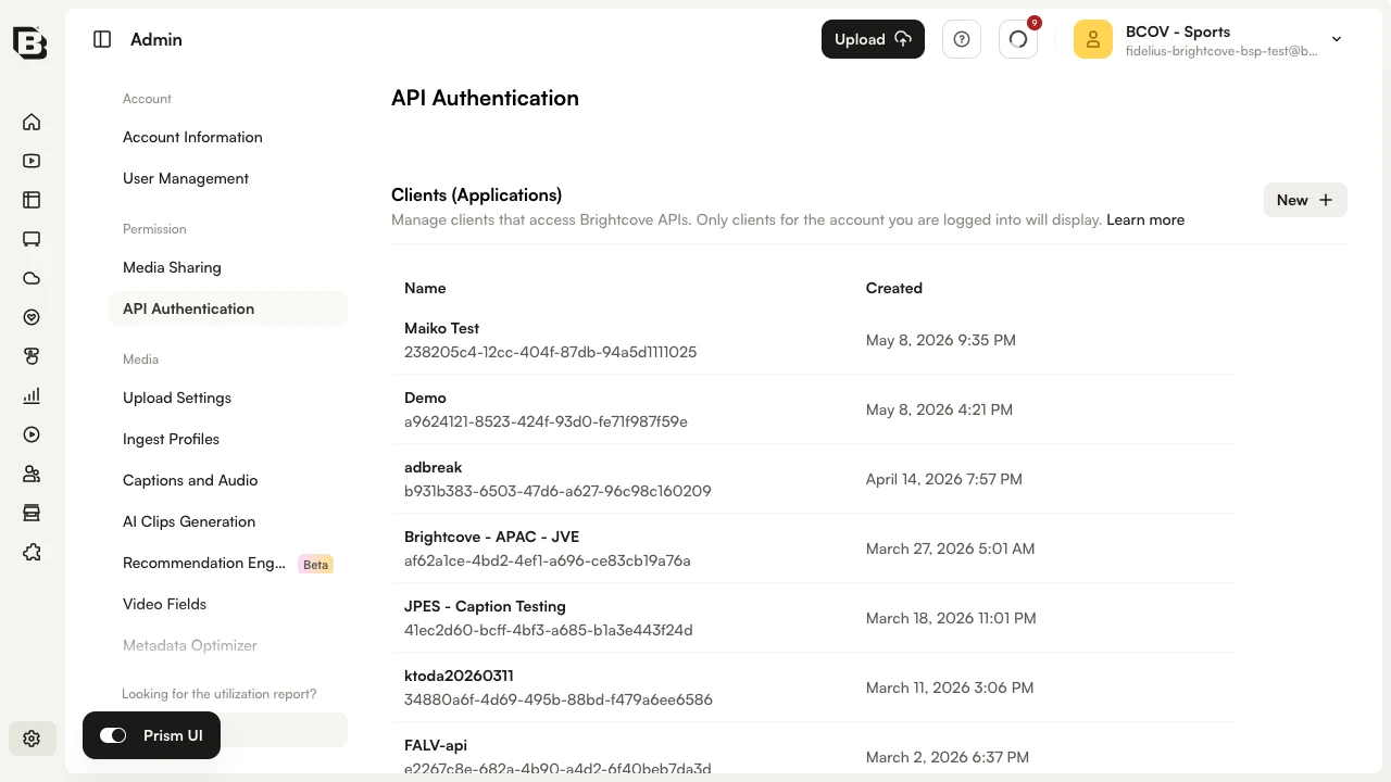 API Authentication page showing Clients (Applications) list with Name and Created columns