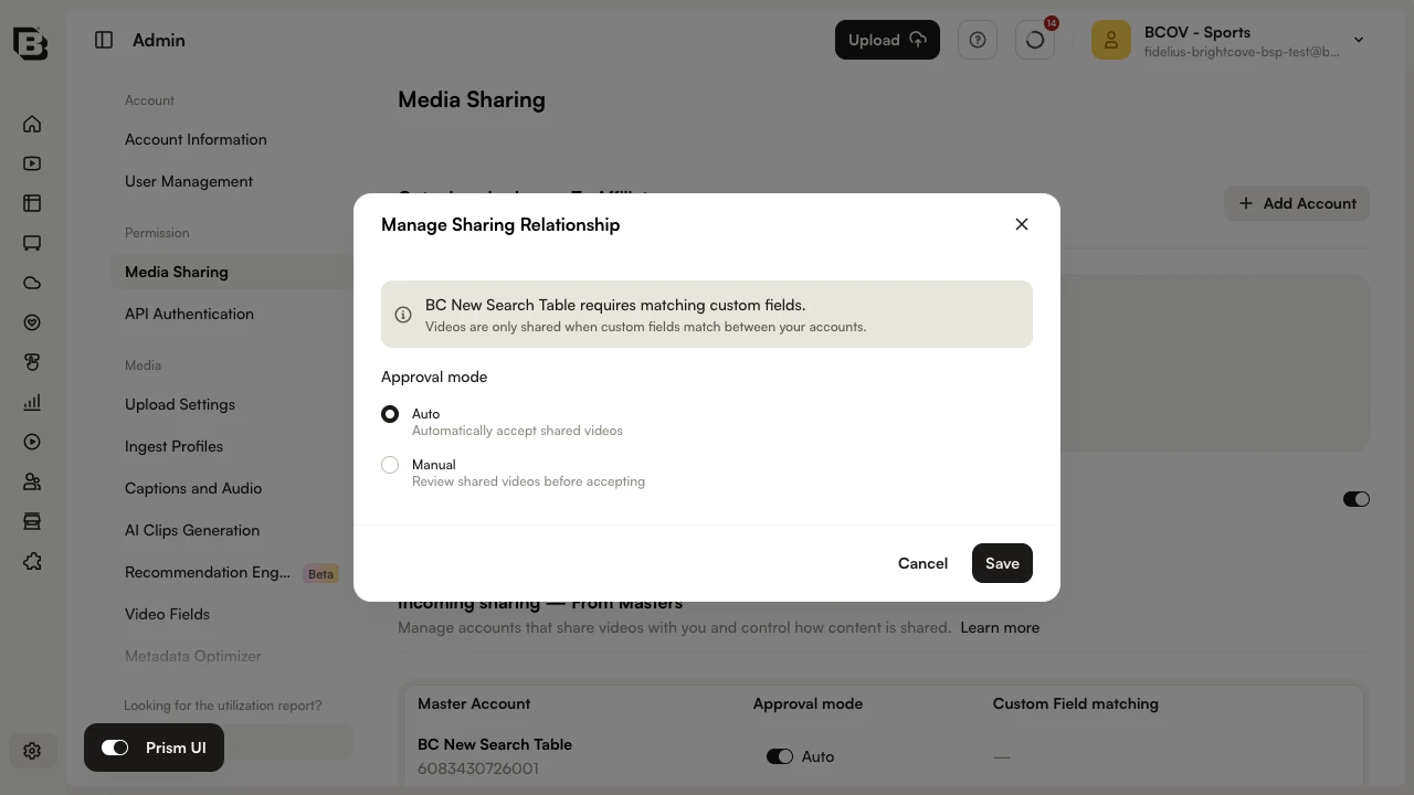 Manage Sharing Relationship dialog
