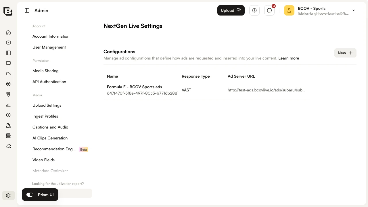 NextGen Live Settings panel