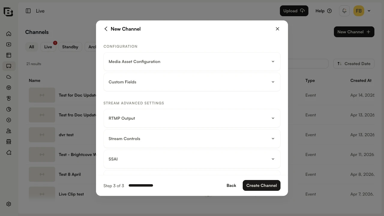 New Channel - Step 3: Advanced Settings