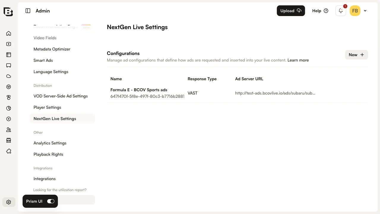 Admin module NextGen Live Settings showing the Configurations table with one ad configuration listed