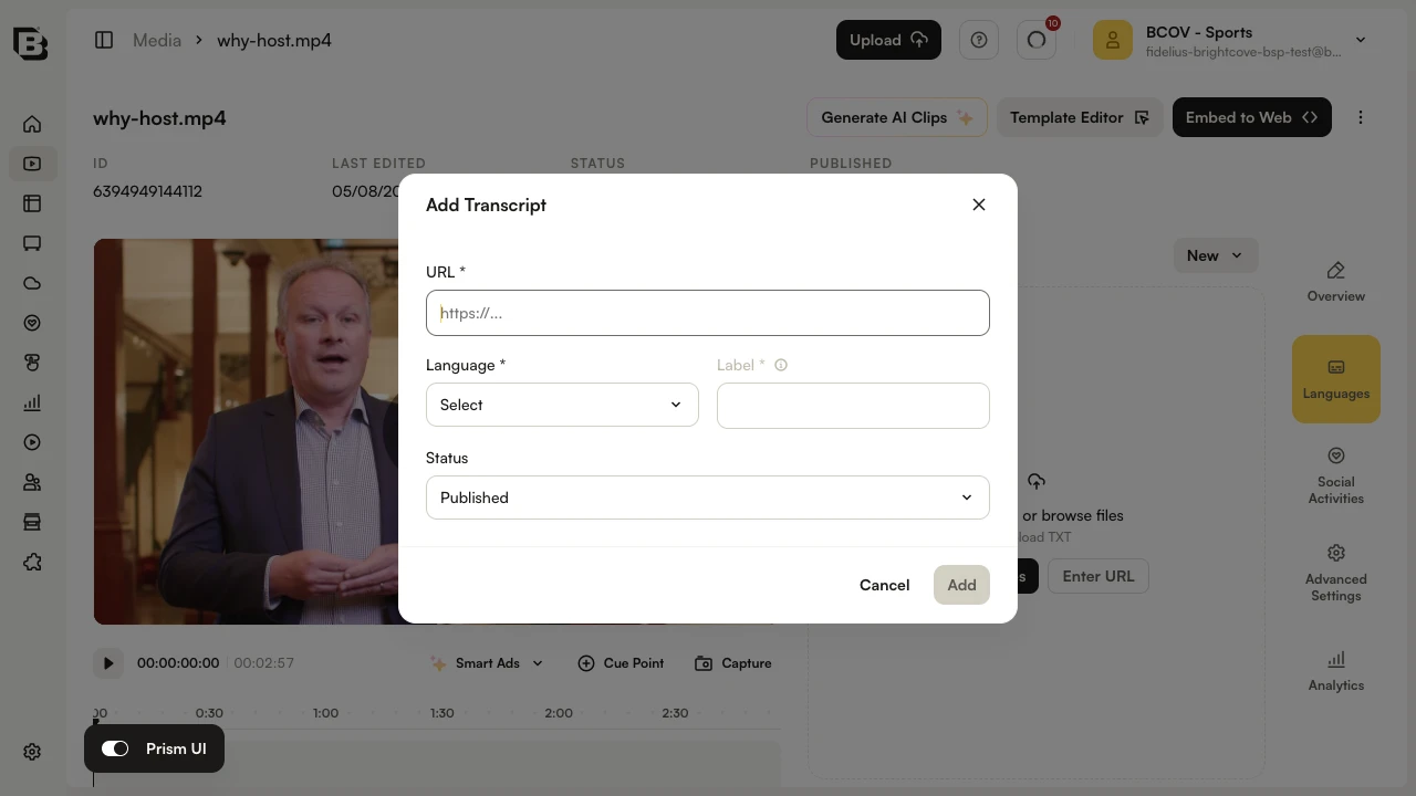 Add Transcript dialog