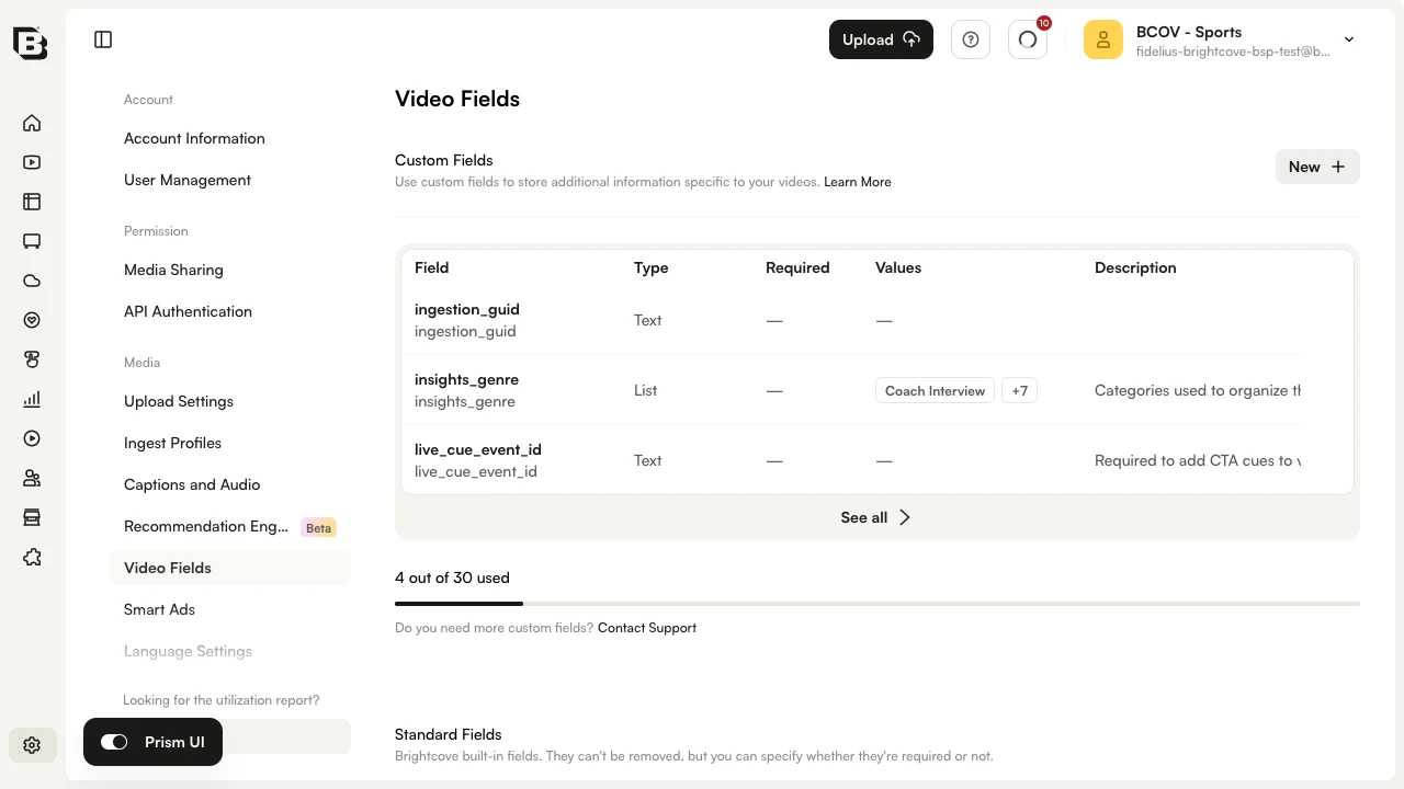Video Fields page