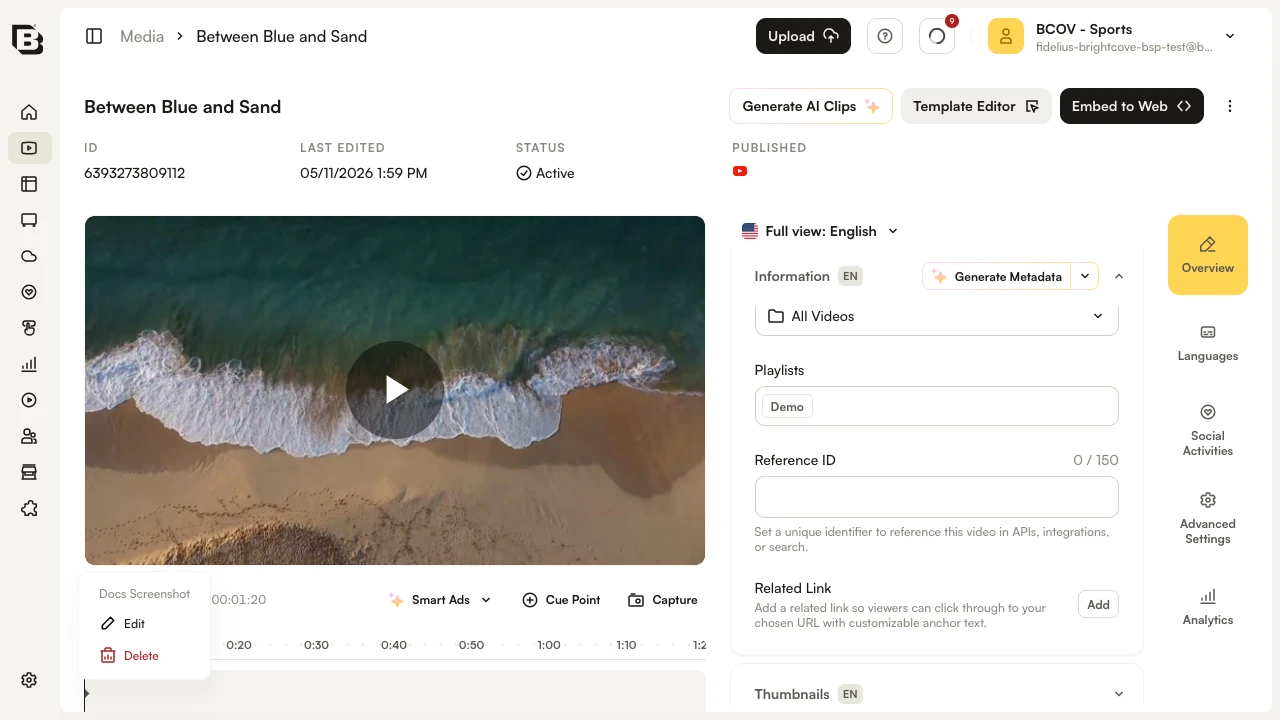 Cue point selected in timeline showing Edit and Delete menu