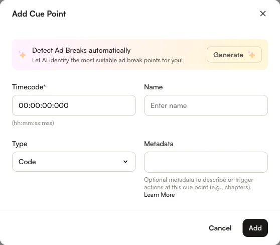 Add Cue Point dialog with Timecode, Name, Type, and Metadata fields