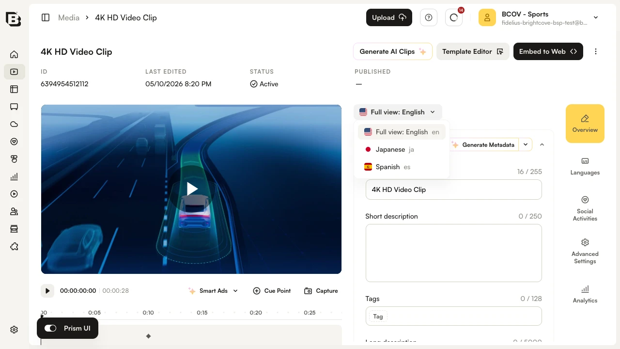Language selector dropdown listing primary and additional languages