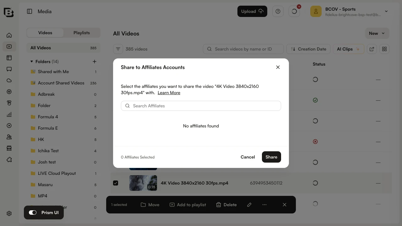 Share to Affiliates Accounts dialog