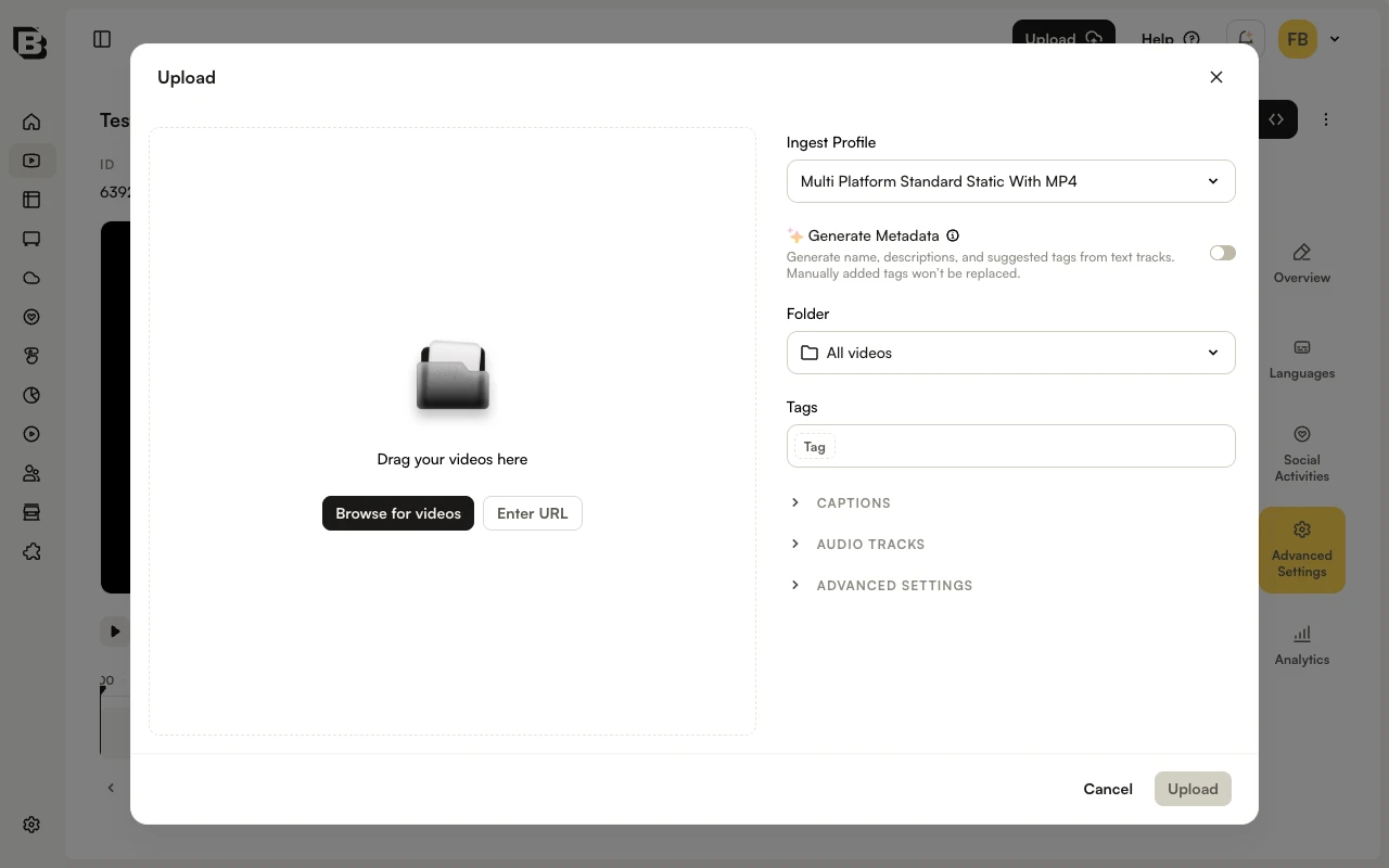 Upload dialog with drag-and-drop area, ingest profile selector, and folder/tags fields