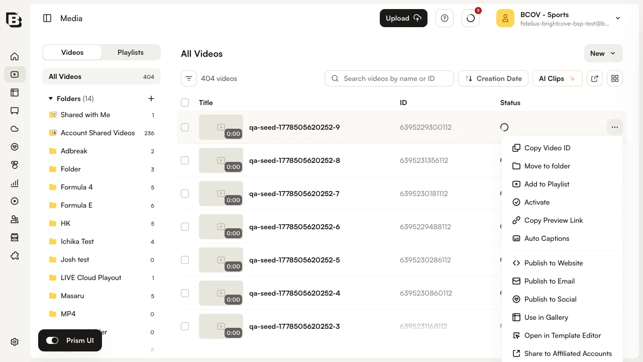 Per-row quick actions menu in the Media module