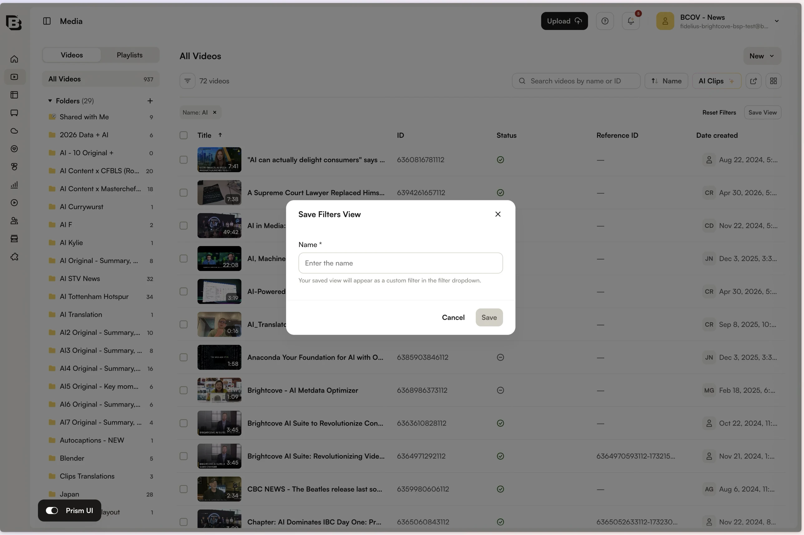 Save Filters View dialog with a Name field