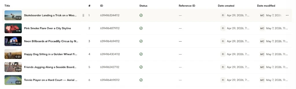 Manual playlist video list showing drag handle for reordering