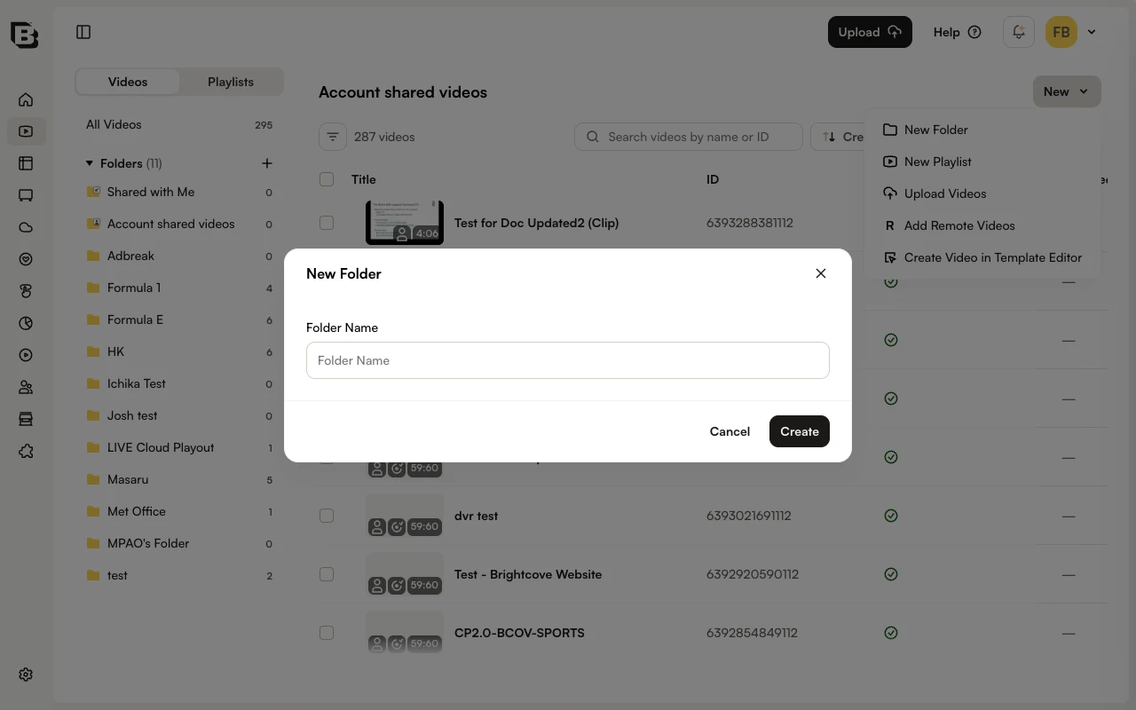New Folder dialog with Folder Name field and Create button