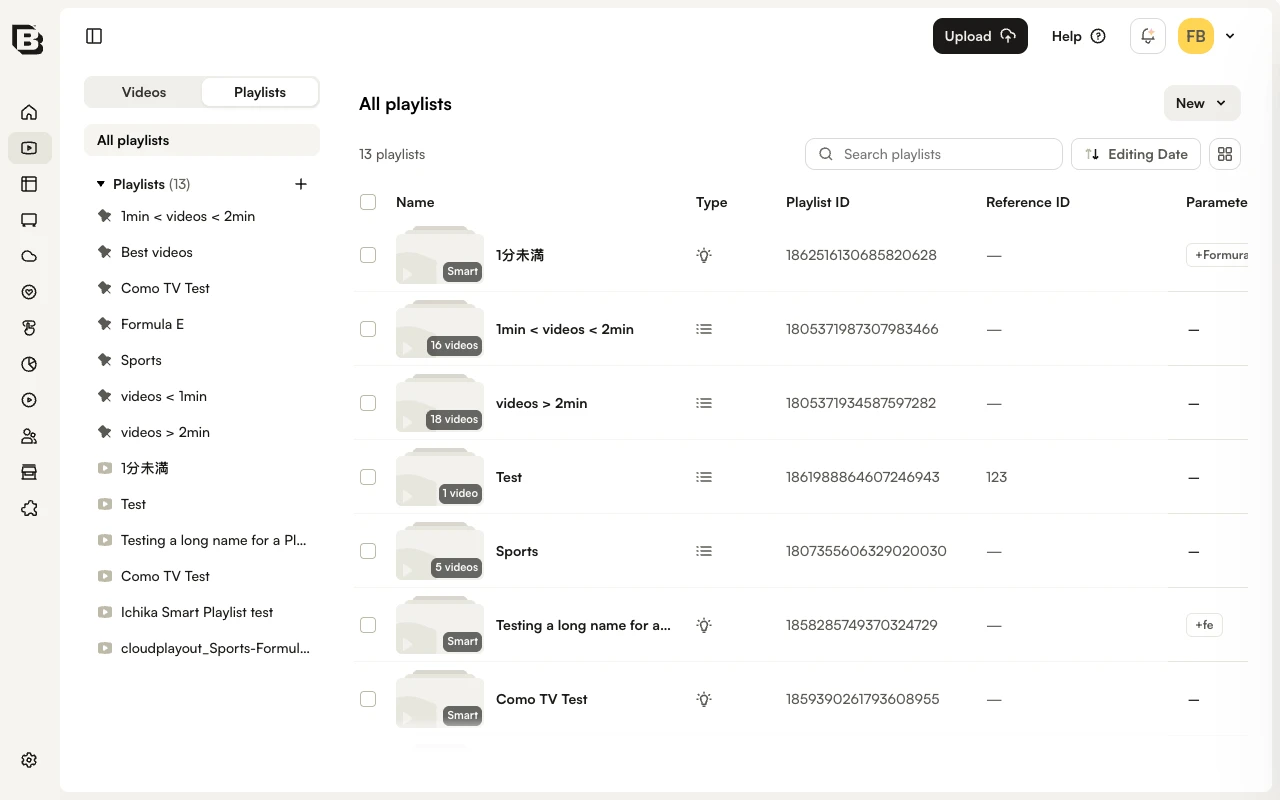 Playlists tab listing Smart and Manual playlists