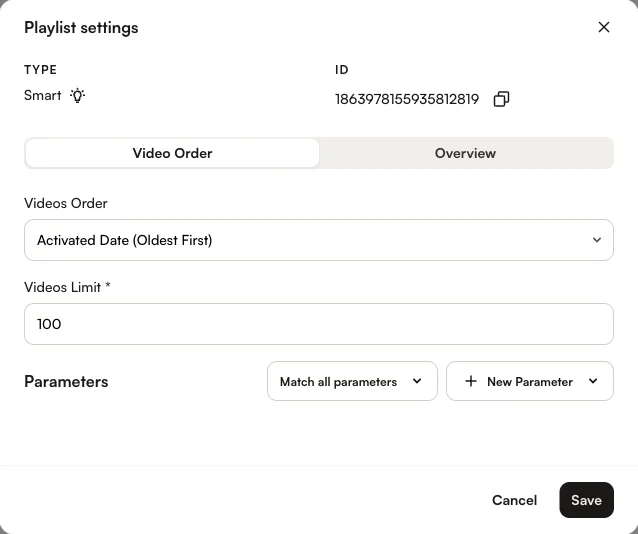 Playlist settings modal showing Video Order tab with Videos Order, Videos Limit, and Parameters