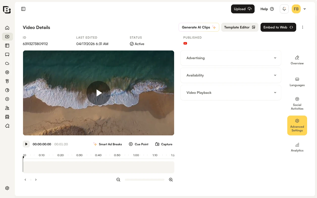 Advanced Settings tab with Advertising, Availability, and Video Playback accordions