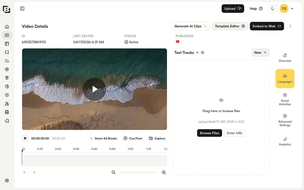 Languages tab with Text Tracks dropdown and upload drop zone