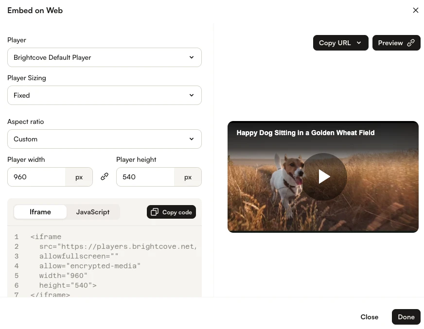 Embed on Web dialog with player selection, sizing options, preview, and embed code