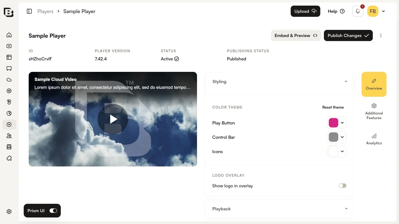 Color Theme section with Play Button color swatch