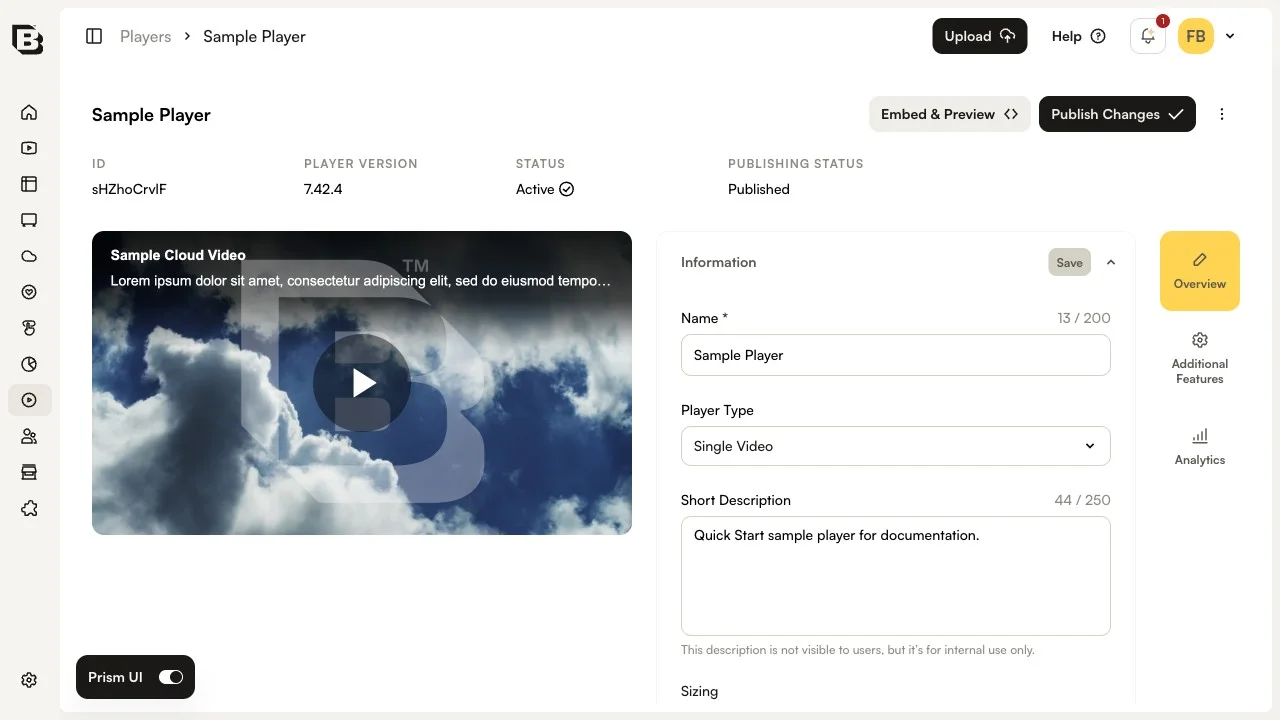 Sample Player header showing Player Version