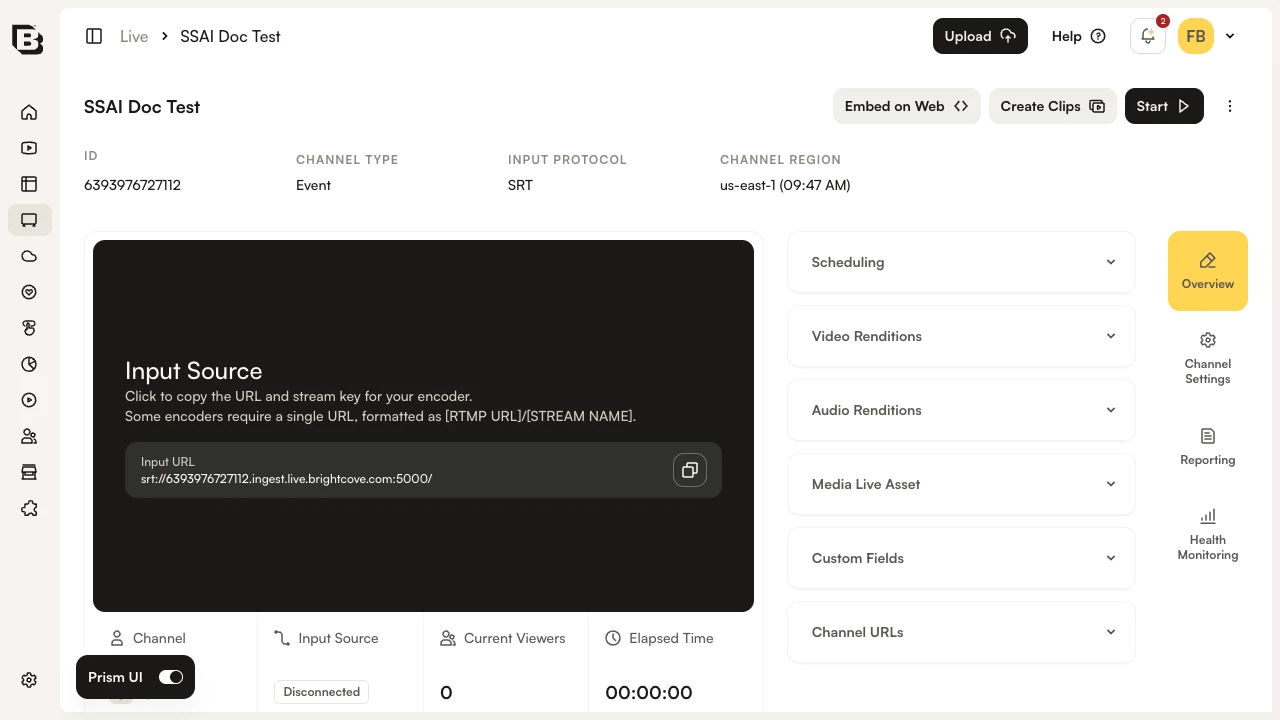 Live channel detail page with Input Source URL