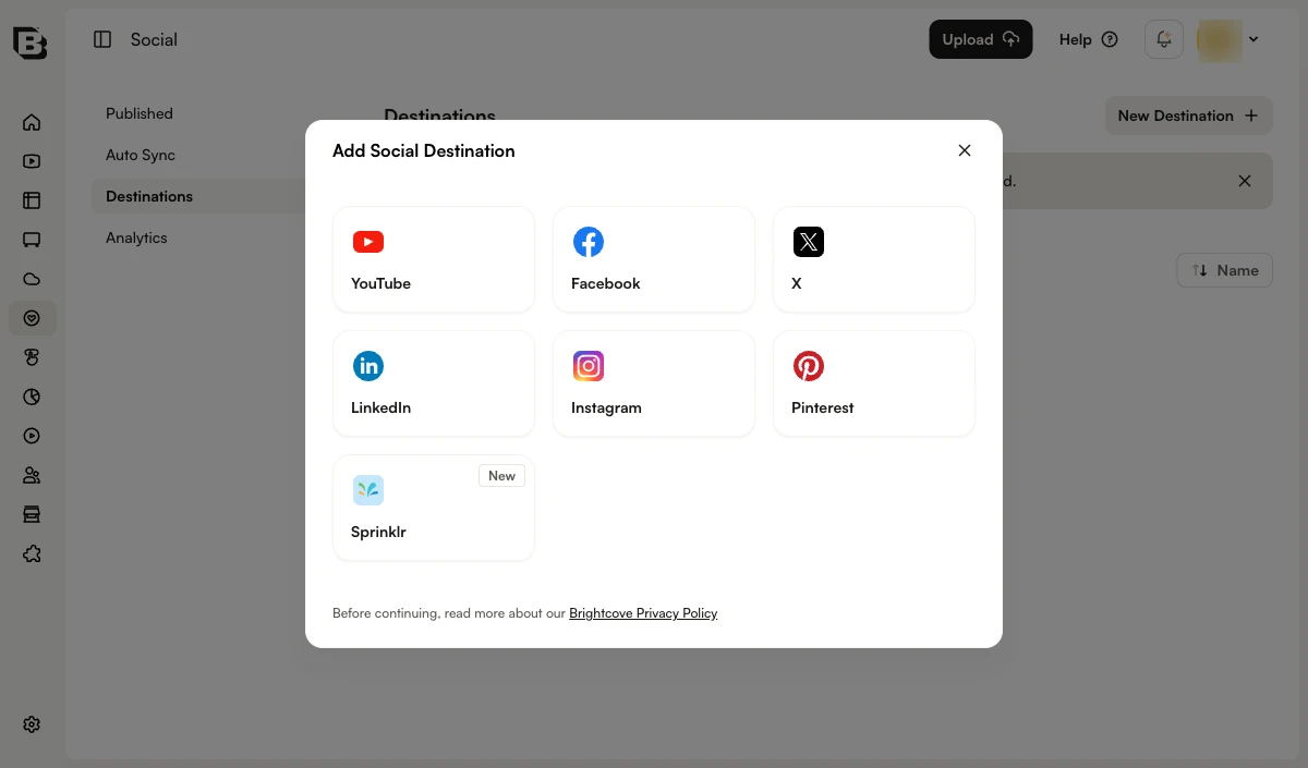 Add Social Destination dialog
